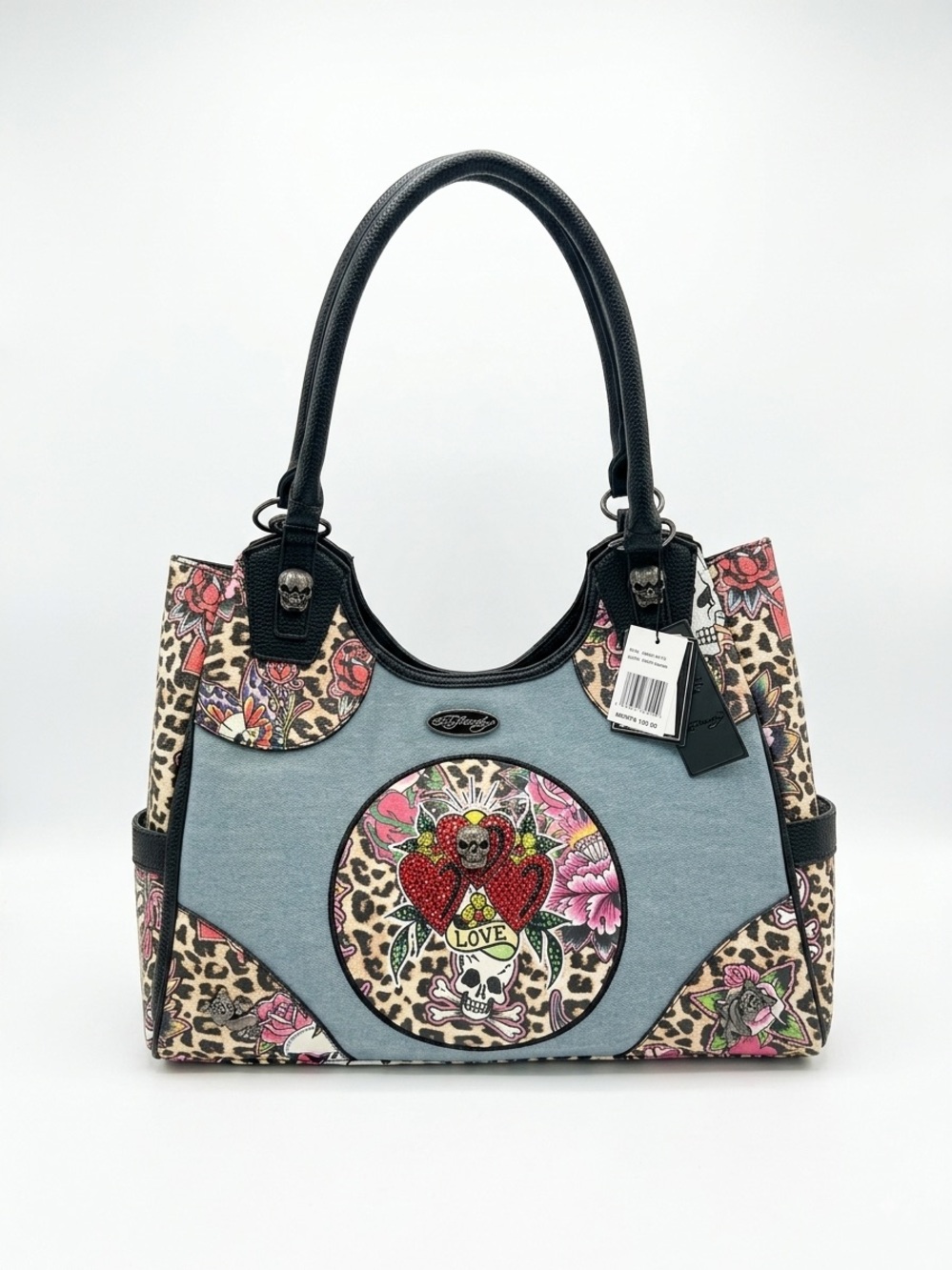 Ed Hardy Blue and Pink Floral Leopard-Accent Shoulder Tote